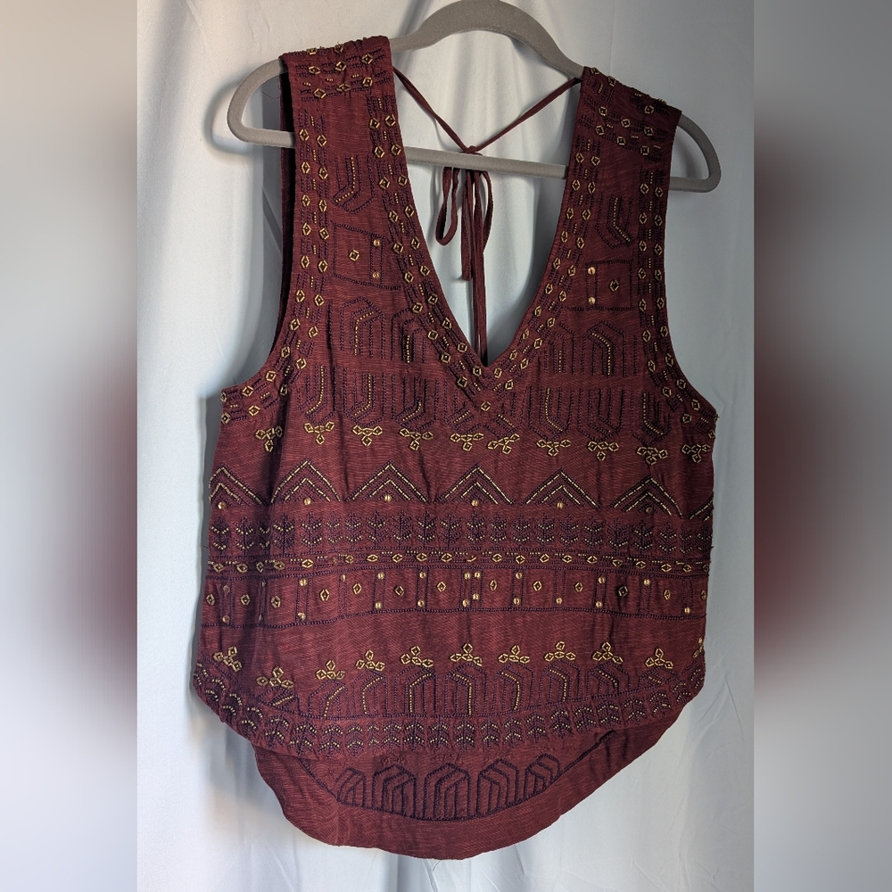 Free People Burgundy Gold Beaded V-neck Tank Boho Bohemian with Tassel Tie Hi-Lo